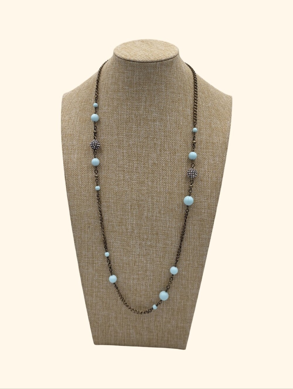 J. Crew Light Blue Bead and Crystal Pave Ball Long Station Necklace Antique Gold